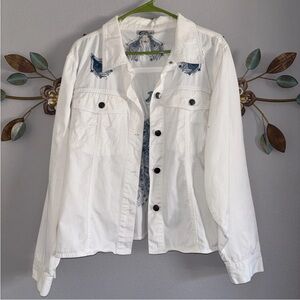 Las Olas Womens White Blue Peacock Embroidered Jacket Size XL